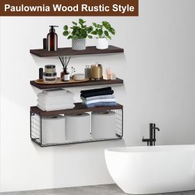 2 In 1 Floating Shelves Wall Mounted With Storage Basket Bathroom Shelves Over Toilet Wooden Shelves For Bedroom Living Room Kitchen Office Wall (Color: Brown)